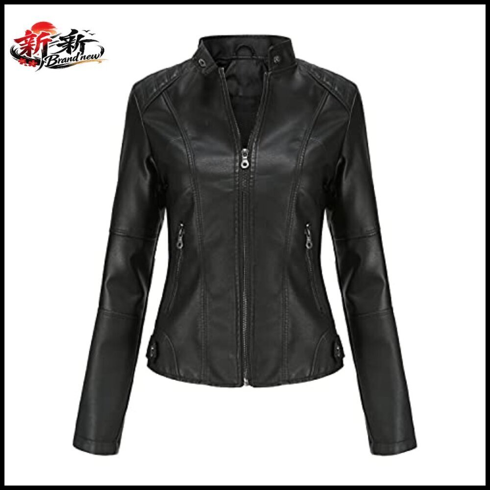 Faux Leather Bomber Jacket Women's Belted Motorcycle Jacket - Picture 7 of 7